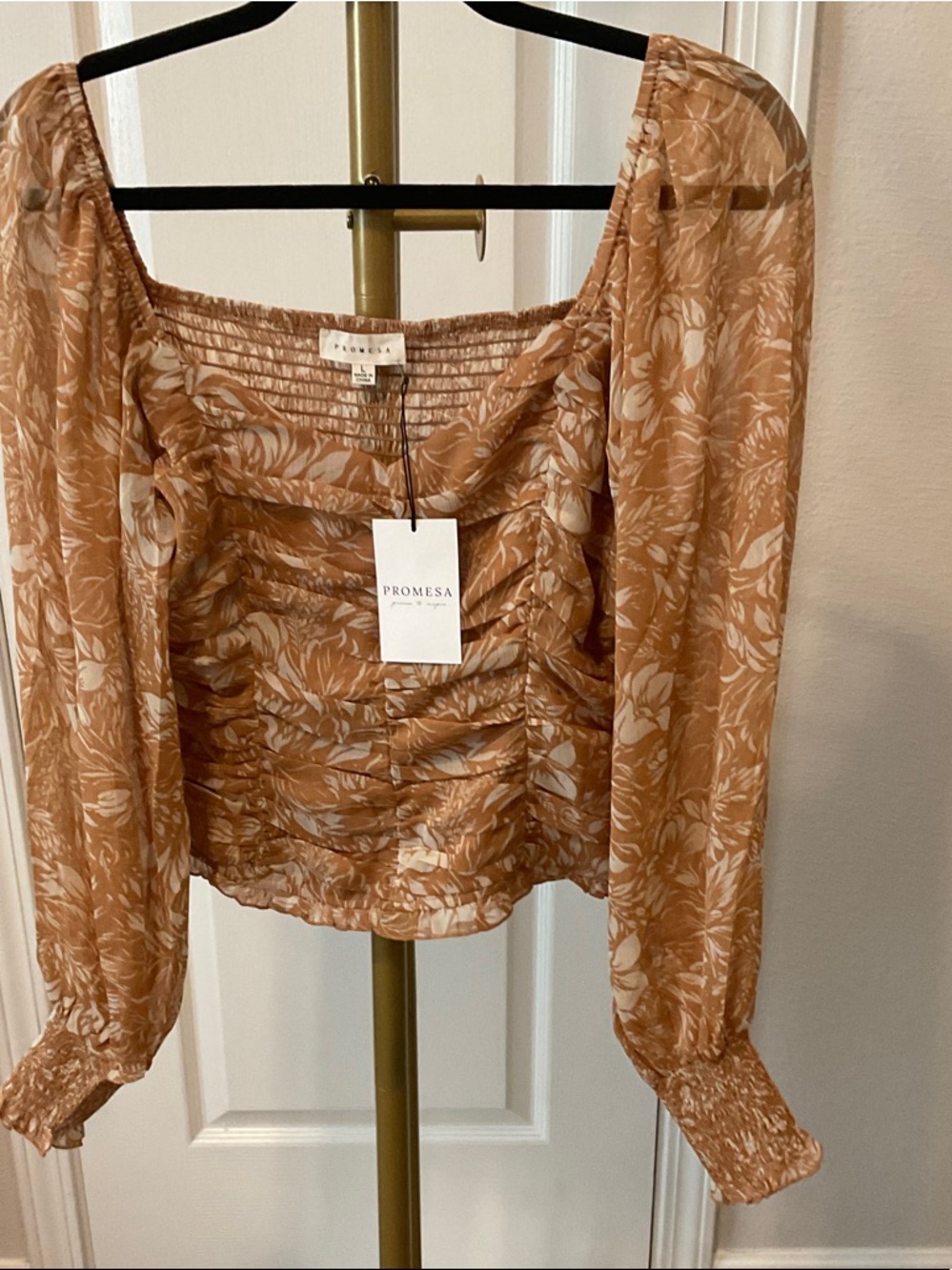 Promesa Rust Floral Smocked Ruched Long Sleeve Blouse